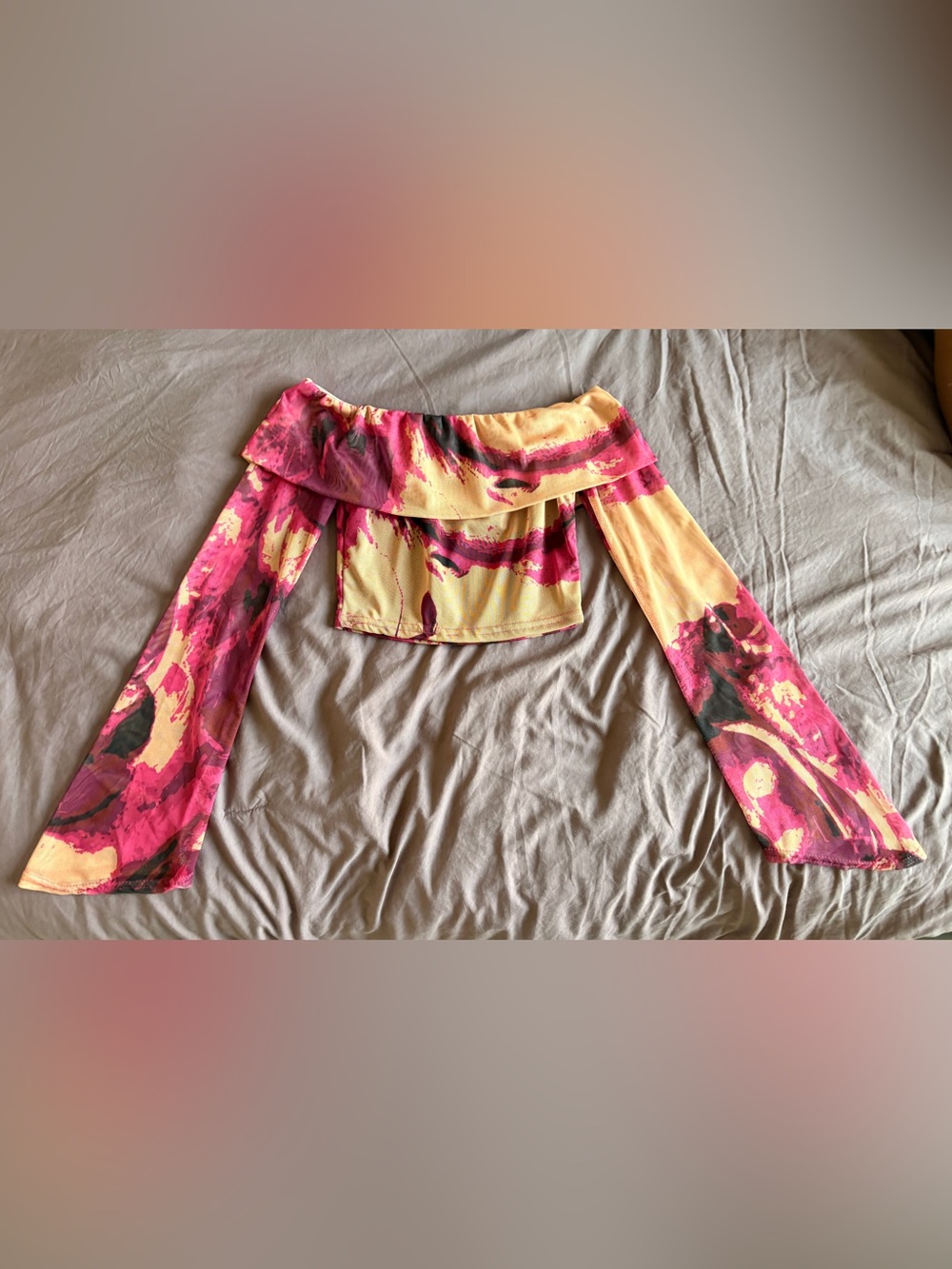 PrettyLittleThing Pink and Yellow Off-Shoulder Abstract Crop Top